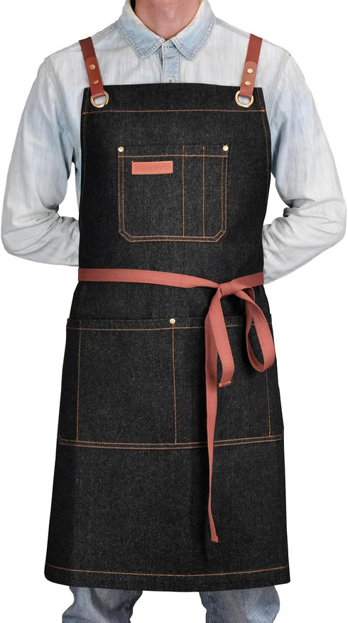 Professional Black Denim Apron with Pockets for Cooking Chef Kitchen Grill BBQ Hairstylist Painting, Mens Womens Apron with Leather Cross Back Str...