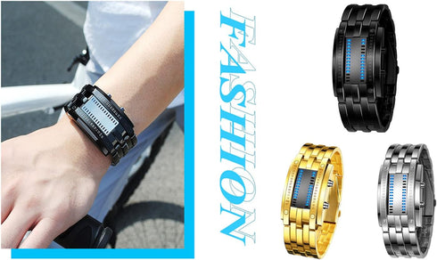 Fashion Mens Binary Sports Watch Digital LED Matrix Waterproof Outdoor Casual Black Bracelet Square Blue Backlit Watches...