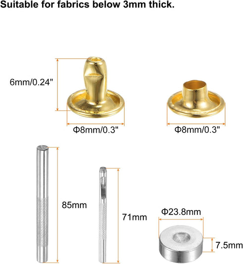 HARFINGTON 200 Sets Leather Rivets 8mm x 6mm Metal Double Cap Rivet Snaps Studs Fasteners with 3pcs Setting Tools Rivets for Leather Craft DIY Rep...