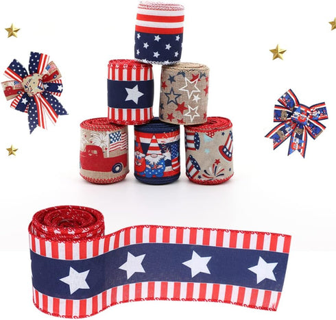 2.5'' Patriotic Ribbon and Blue Crafting Ribbon(30 Yards). Stars Stripes, Vintage Red Truck,American Flag,Uncle Sam Hats, Fireworks, Rockets ,Gnom...