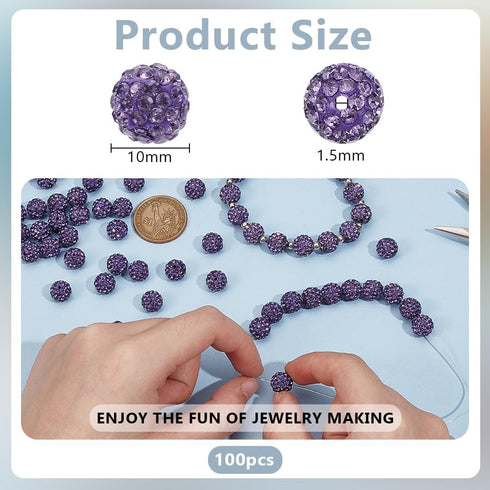 PandaHall 100pcs 10mm Purple Rhinestone Beads - Purple Clay, Polymer Crystal, Disco Ball Round Diamond Clay Beads for Necklace, Bracelet, Jewelry ...
