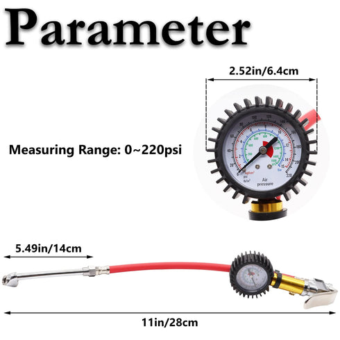 Tire Pressure Gauge with Inflator, 220 PSI Air Pressure Gauge for Tires, 2.5" Pressure Reader, Extended Straight-on Air Chuck Q-049...