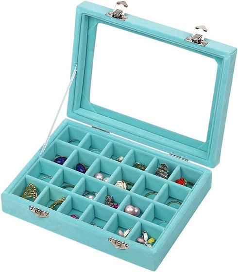MeJell 24 Slot Velvet Glass Jewelry Box Organizer Rings Earrings Tray Display Storage Case...