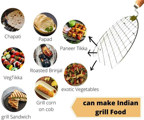 Steel Roasting Roti Jali Wooden Handle with Tong and Pincer Set Roaster,Cooking Rack,Papad Grill,Chapati Grill,Roaster,Food Tong (Round Jali with ...