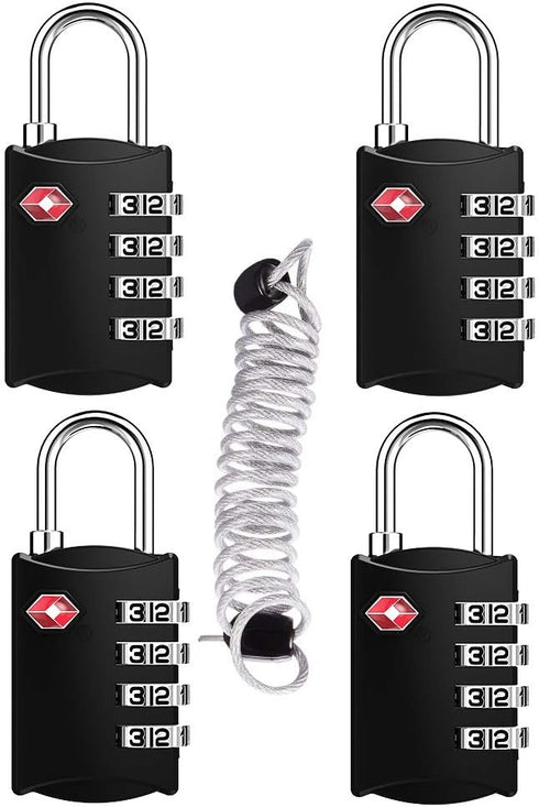 ZHEGE Luggage Lock 4 Pack, 1 Cable, TSA Approved Cable Lock for Backpack, Suitcase, School Gym Locker (Black, 4Pack)...
