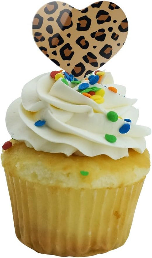 Leopard Print Animal Spots Heart Love Cupcake Picks Toppers Decoration Set of 6...