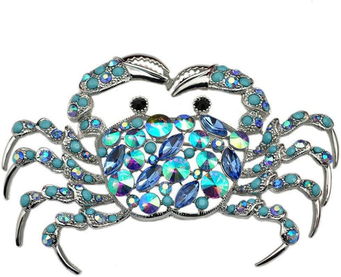 TTjewelry Elegant Silver-Tone Crab Brooch Pin Blue Rhinestone Crystal Jewelry...