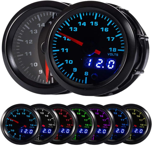 7 Color Voltmeter Volt Gauge Kit 8 to 18 Volt Pointer & LED Digital Readouts 2-1/16" 52mm Black Dial for Car Truck...