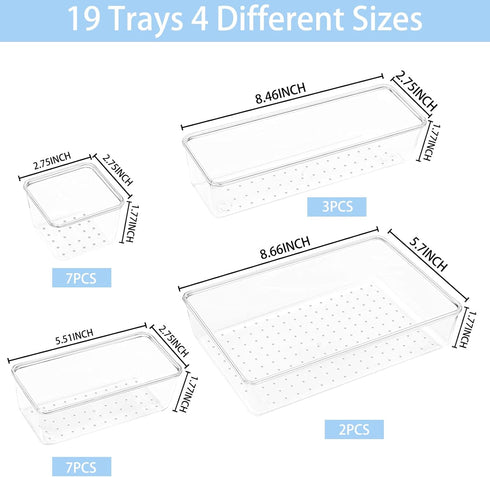 Drawer Organizers Set of 19, 4 Sizes Clear Plastic Drawer Organizers and Storage Bins for Kitchen, Bathroom, Office, Dresser Desk Drawer Organizer...