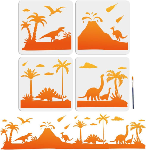 4pcs Dinosaur Jurassic Stencils 44×11inch Splicing Large Tyrannosaurus Rex Stegosaur Templates with Paint Brush Pterosaur Coconut Tree 11.8×11.8in...