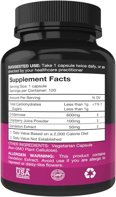 D Mannose Capsules with 600mg D-Mannose Powder Per Cap - with Added Cranberry and Dandelion Extract to Aid in Bladder, Urinary Tract and UTI Suppo...