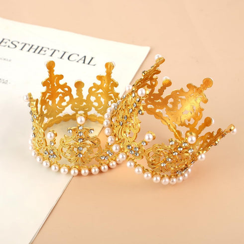 Amosfun 2pcs Mini Crown Cake Topper Pearl Rhinestone Queen Princess Tiara Crown for Birthday Wedding Party Cake Decorations Supplies (Golden)...