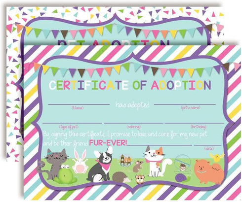 Plush Pet Stuffed Animal Themed Certificates of Adoption for Kids' Birthday Parties, 10 5"x7" Fill in Cards by AmandaCreation...