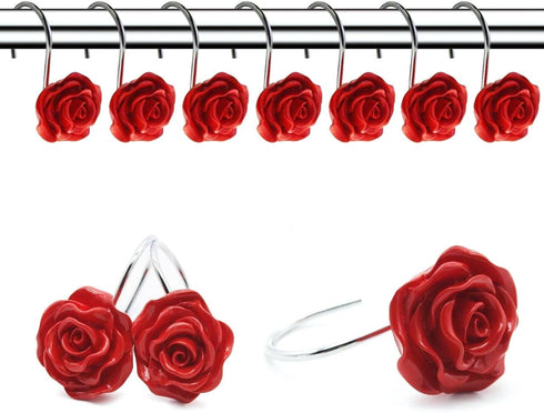 12 PCS Home Fashion Decorative Anti Rust Shower Curtain Hooks Rose Design Shower Curtain Rings Hooks (RED)...