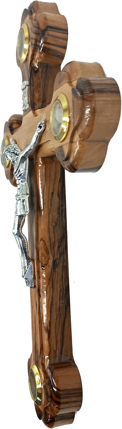 Zuluf 10.6" Olive Wood Wall Crucifix Catholic Hanging Cross with Relics Holy Essences Orthodox Holy Land Gift CRS033...