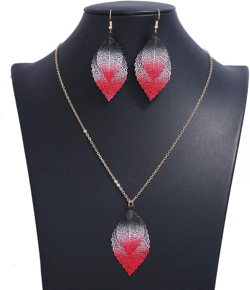Caiyao Leaf Long Pendant Necklace Dangle Earrings Jewelry Set Delicate Colorful Filigree Long leaves Necklace Unique Bohemian Double Layer Leaf Ch...