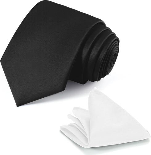 Black Tie Set in Gift Box Mens Solid Color 3.15" (8CM) Black Necktie and Pocket Square Set...