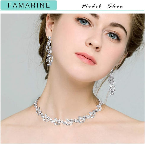FAMARINE Silver Bridal Jewelry Set, Clear Crystal Wedding Drop Earrings Necklace for Bride Bridesmaid...