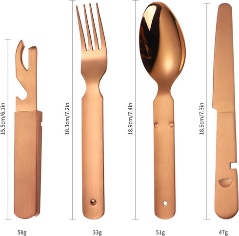 Camping Silverware Copper/Rose Gold Flatware Stainless Steel Eating Utensils Set Travel Portable Knife Fork Spoon Bottle Opener 4 Pieces Multi-fun...