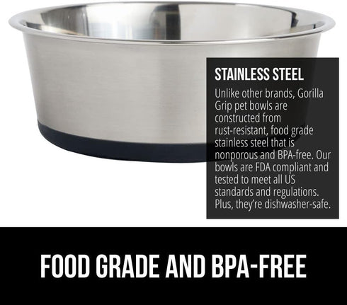 Gorilla Grip Stainless Steel Metal Dog Bowl Set of 2, Rubber Base, Heavy Duty Feeding Dishes, Food Grade BPA Free, Less Sliding, Quiet Pet Bowls f...