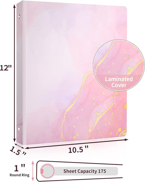 3 Ring Binder 1 Inch, SUNEE Cute Binder with 2 Pockets, Decorative Pink Marble Three Ring Binder Heavy Duty (Fit 8.5x11 Inches) for School Supplie...