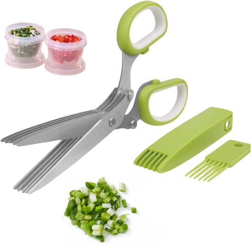 Herb Scissors and Food Containers Set Stainless Steel 5 Blade Cover kitchen Shears for Onion Cilantro Lettuce- 2pcs Containers Keep Fresh...