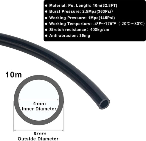6mm x 4mm Pneumatic Tubing Pipe PU Polyurethane Tube Air Compressor Hose Line Fitting or Fluid Transfer (Black 32.8ft/10Meters)...
