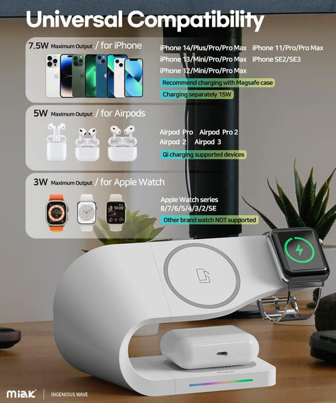 Miak 3-in-1 Wireless Charging Station with MagSafe - Fast Charging for Apple Watch, Stable Charger Stand Base for iPhone 15/14/13/12 Pro Max/Plus,...