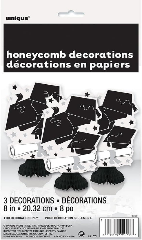 Black & White Graduation Mini Honeycomb Decorations - 8" (3 Count) - Perfect for Unforgettable Grad Parties...