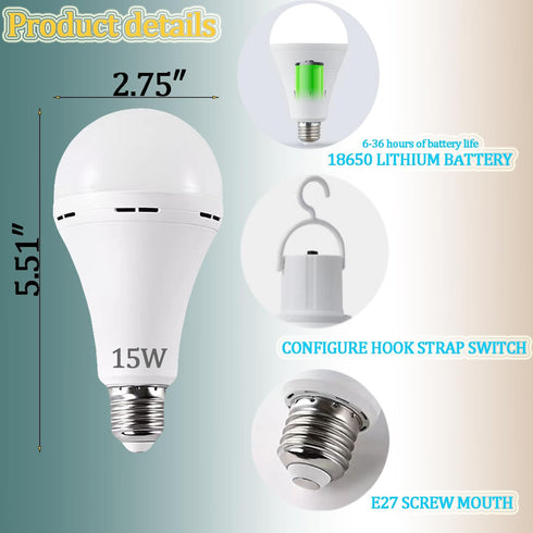 4Pack White Rechargeable Emergency 15W LED Light Bulb,Energy Saving,Eye protection,100W Equivalent,1500lm,White light 6000K,E26/27 Base,2200mAh Li...