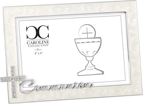 Roman - Communion Frame for 4" x 6" Photo, Rhinestone Cross, Caroline Collection, Horizontal Tabletop or Desk Display - 4.75" H, Metal, Decorative...
