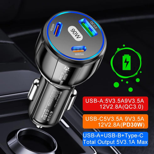 3-Port Car Charger Adapter, 90W PD &QC3.0 Fast Charging Car Cigarette Lighter USB Charger, Car Phone Charger for iPhone/Android/Samsung Galaxy S10...