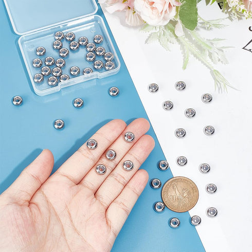 UNICRAFTALE About 50pcs Rondelle Stopper Beads with Rubber Inside Metal Loose Beads 2mm Hole Stainless Steel Bead Spacers for Jewelry Making Findi...