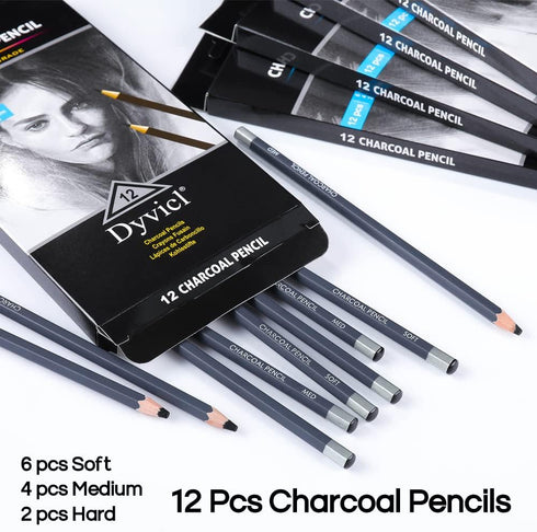 Dyvicl Professional Charcoal Pencils Drawing Set - 12 Pieces Soft, Medium & Hard Charcoal Pencil for Drawing, Sketching, Shading, Artist Pencils f...