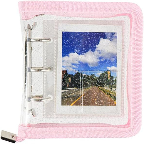 Mini Kpop Binder Business Card Holder Photocard Collector 3-Ring Pink Zipper Clear PVC Cover Photo Album with 25 Sheets 3 Inch Top Loading Card Pa...