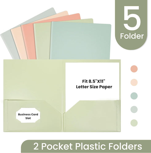 Plastic Folders with Pockets, Pack of 5, Muted Pastel Colors, Heavy Duty 2 Pocket File Folders Letter Size, Pocket Folders for School, Home, and O...