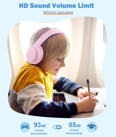 Kids Headphones, Over-Ear Headphones Bluetooth Wireless Kids with Mic, 85/93dB Volume Limited, Stereo Sound, Wired Inline AUX Cord Headphones for ...