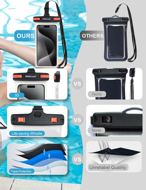 wellhouse Waterproof Phone Pouch, Waterproof Phone Case for iPhone 15 14 13 12 Pro Max XS Samsung, IPX8 3D Cellphone Dry Bag Beach Essentials Blac...