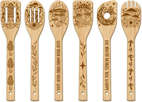 GLOBLELAND 6Pcs Mushroom Bamboo Cooking Utensils Wooden Engraved Cooking Spoons Set Carving Kitchen Bamboo Spatula Set Wood Cooking Spoon for Kitc...