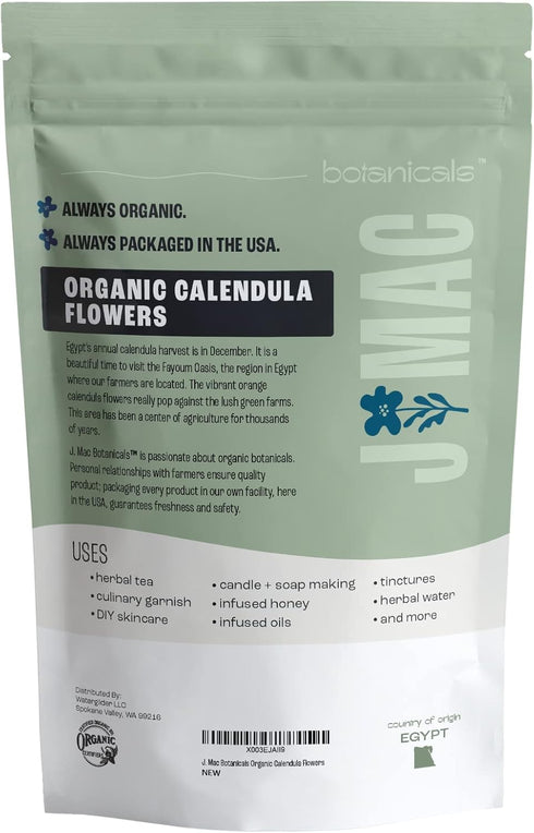 J Mac Botanicals, Organic Calendula Flower (4 ounce), whole dried flowers and petals, loose leaf tea, marigold flower, USDA Certified Organic. Gre...