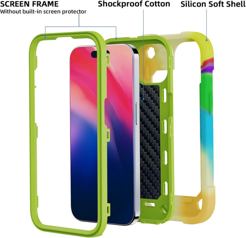 Compatible with iPhone 15 Case 6.1" - Heavy-Duty Shockproof Military-Grade Rugged Cover with Ring Stand, Glass Screen Protector & Camera Lens Prot...