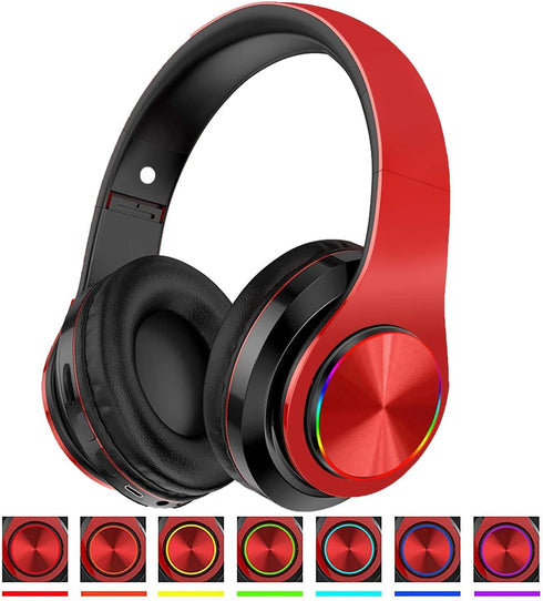Bluetooth Headphones Over Ear Headphones with Deep Bass LED Foldable Stereo Headphones, Wired and Wireless Headset for Smart Phone/TV/PC(Red/Black...