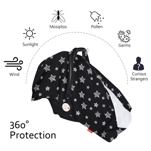 Baby Car Seat Cover for Babies, Opening Black Star Minky Carseat Canopy for Boys Girls, Multiuse Cover for Infant Carseat/Baby Carrier/Stroller/Nu...