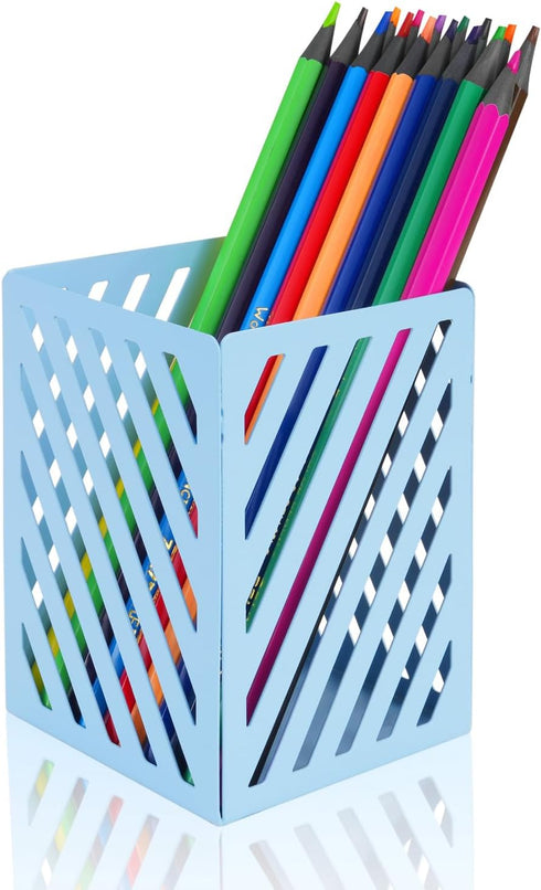 Pen Holder for Desk, Metal Pencil Organizer Pencil Cup Pencil Holder, Square Cute Pen Stand Holder Desk Organizer for Office Supplies, Blue...