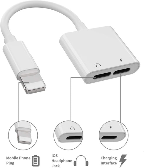 Headphone Adapter Lightning to Audio Jack and Charger Extender Earphone Charging Splitter Compatible with iPhone 11 12Mini pro max xs xr x se2 7 8...