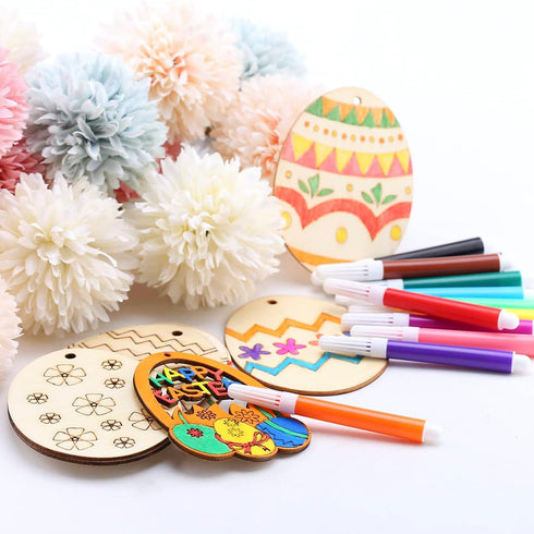 HERZWILD 30Pcs Easter Unfinished Wood Slices Eggs Easter Wooden Eggs Hanging Pendants Decorations Easter Crafts Kits Easter Egg Shape Cutouts Pend...