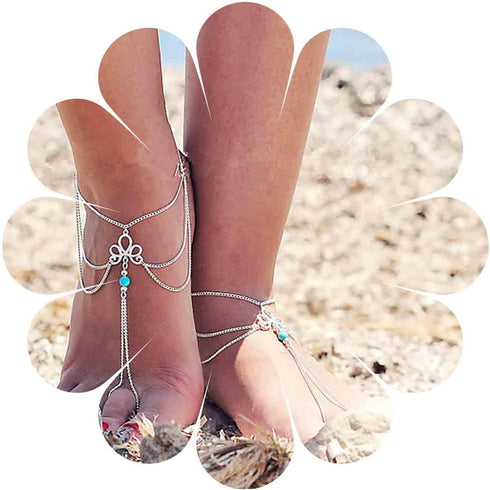 Boho Layered Turquoise Ankle Silver Tassel Barefoot Sandals Bracelet Toe Ring Foot Anklets Summer Beach Anklet Bracelet Foot Chain Jewelry for Wom...
