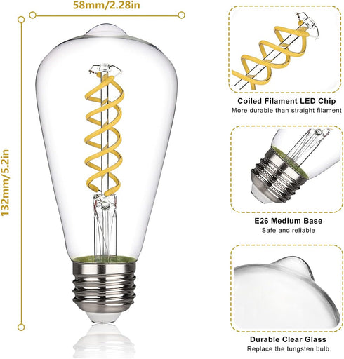 ST58 (ST19) Vintage Edison LED Bulb, Daylight White 4000K, Antique Flexible Spiral LED Filament Light Bulb, 600LM Dimmable, 6W Equivalent to 60W, ...