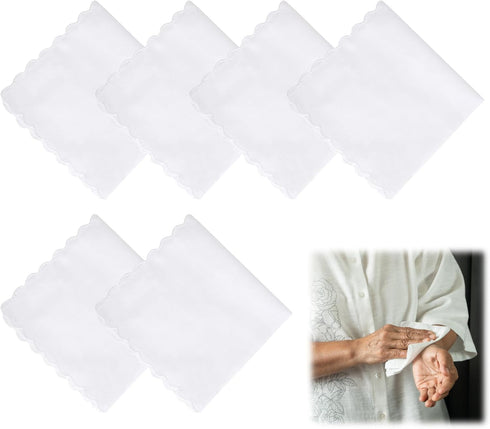 6 Pcs White Cotton Handkerchiefs, 11" White Pocket Square for Men Women with Crescent Edge, Machine Wash Elegant Soft Handkerchief for Groomswomen...
