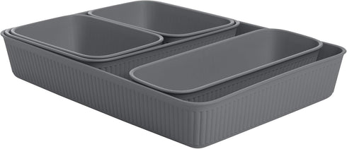 Superio Ribbed Collection - Decorative Plastic Desk Drawer Organizer Tray, Grey (Set of 5) Open Home Storage Bins Organizer Baskets, for Organizin...